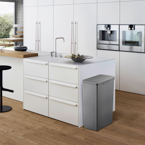 EK6187DG40 - EKO Morandi Touch Bin - 40 Ltr - Dark Grey - Situated at End of White Kitchen Island