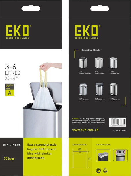 EK33701 - EKO Size A Plastic Bin Liners - 3-6 Ltr - Roll of 30 Bags - Front and Back of Packaging