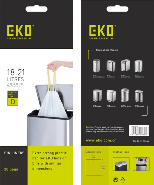 EK33704 - EKO Size D Plastic Bin Liners - 18-21 Ltr - Roll of 20 Bags - Front and Back of Packaging