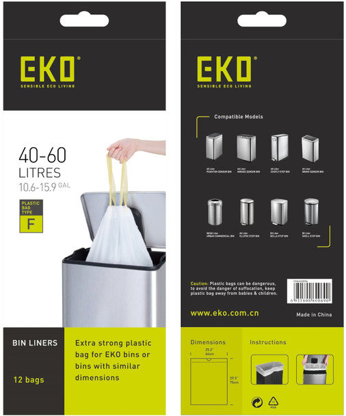 EK33706 - EKO Size F Plastic Bin Liners - 40-60 Ltr - Roll of 12 Bags - Front & Back of Packaging