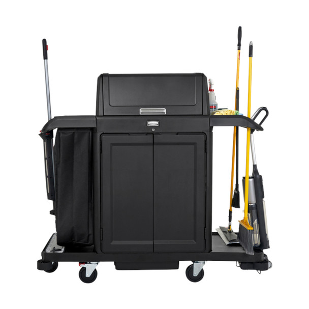 2202587 - Rubbermaid Full Size Housekeeping Cart with Locking Doors & Security Hood - Front Facing & Loaded with Supplies