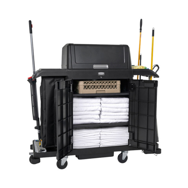 2202587 - Rubbermaid Full Size Housekeeping Cart with Locking Doors & Security Hood - Slightly Angled & Loaded with Supplies