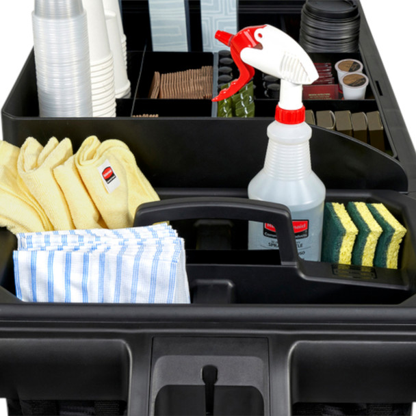 2124078 - Rubbermaid Amenity Organiser for Housekeeping Carts - Close-up of it Situated on Cart next to Carry Caddy