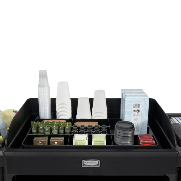 2124078 - Rubbermaid Amenity Organiser for Housekeeping Carts - Close-Up of it Situated on Cart & Loaded with Supplies