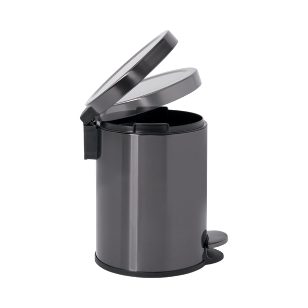 2179250 - Rubbermaid Round Pedal-Operated Wastebasket - 6 Ltr - Charcoal - Showing Action of Lid 2179250 - Rubbermaid Round Pedal-Operated Wastebasket - 6 Ltr - Charcoal - Showing Action of Lid