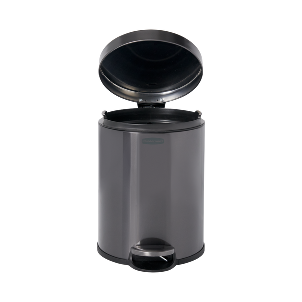 2179250 - Rubbermaid Round Pedal-Operated Wastebasket - 6 Ltr - Charcoal - Front On, Lid Open 2179250 - Rubbermaid Round Pedal-Operated Wastebasket - 6 Ltr - Charcoal - Front On, Lid Open