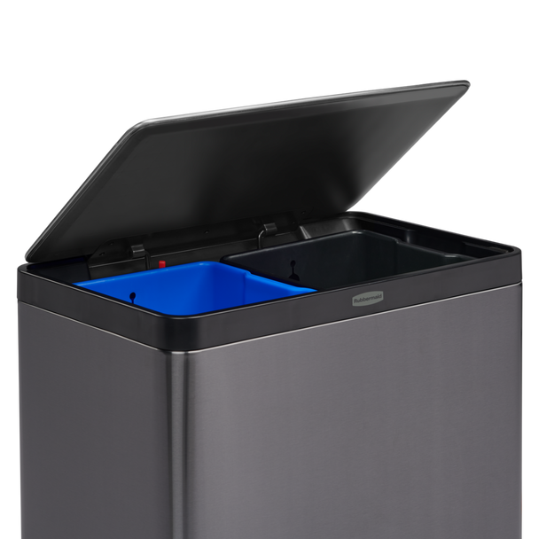 Rubbermaid Elite Dual Stream Pedal Bin - 39 Ltr - Charcoal - Close-up of Lid Open and Removable Buckets Installed Rubbermaid Elite Dual Stream Pedal Bin - 39 Ltr - Charcoal - Close-up of Lid Open and Removable Buckets Installed