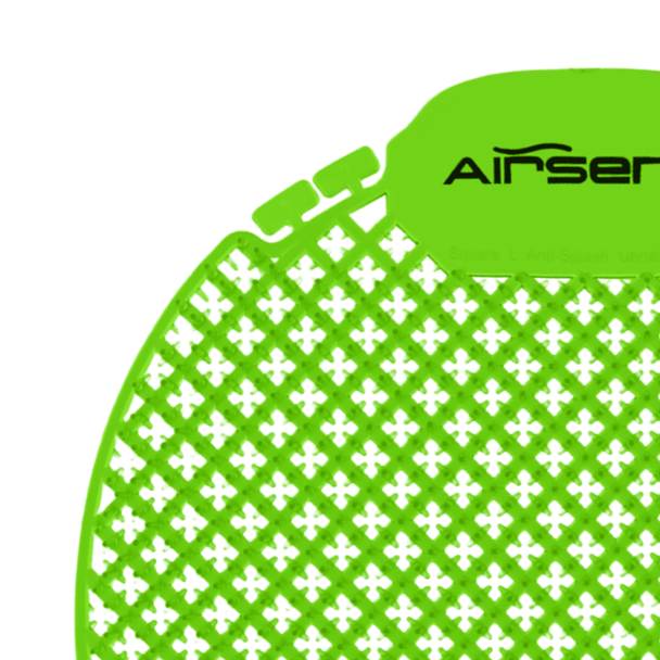 Airsenz Ultra Urinal Screen - Tropical Burst - Close-up of Removable Lifespan Tabs Near Branding