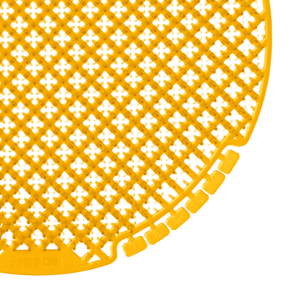 Airsenz Ultra Urinal Screen - Mango Crush - Close-up of Removable Lifespan Tabs Near Bottom of Screen