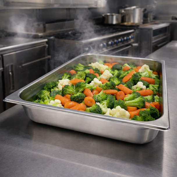 Pujadas GN1/1 55mm Gastronorm Pro Perforated Pan Situated on Commercial Kitchen Worktop & Topped with Boiled Potatoes