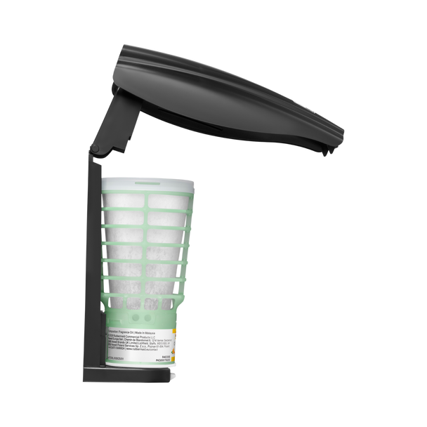 Open CirculAir 90 Dispenser in Black that is Facing Right and Showing an Installed Refill