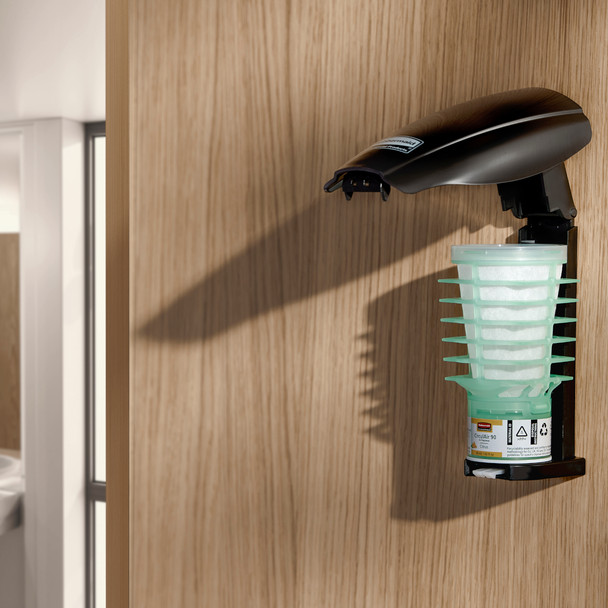 Open Black CirculAir 90 Dispenser with Refill Installed on a Wood Effect Wall with Washroom Visible to Left