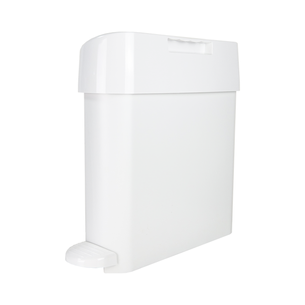 Pedal-Operated Sanitary Bin with Side-Opening Chute Manufactured from White ABS Plastic