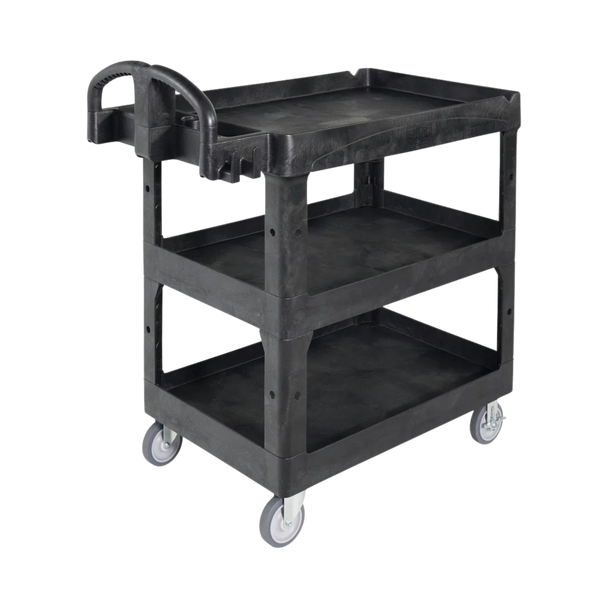Rear of Rubbermaid BRUTE Heavy-Duty 3-Shelf Utility Cart Showing Ergonomic Handles