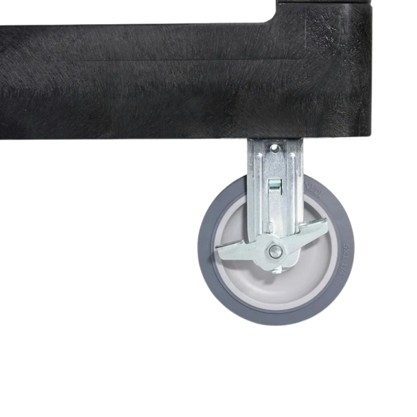 Close-Up of Locking Castor on Rubbermaid BRUTE Heavy-Duty 3-Shelf Utility Cart