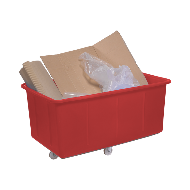 Red 625L Mobile Truck Filled with Cardboard and Soft Plastic Waste