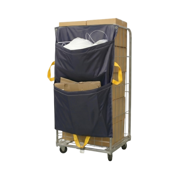 2-Pocket Racksack Hung from Roll Cage with Upper Pocket Filled with Shrink Wrap & Lower Pocket Filled with Card - Facing Left