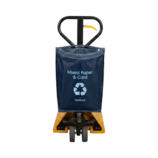 Mixed Paper & Card Racksack Nano Reusable Recycling Sack Featuring Rcycling Logo and Text Fitted to Handle of Pump Truck