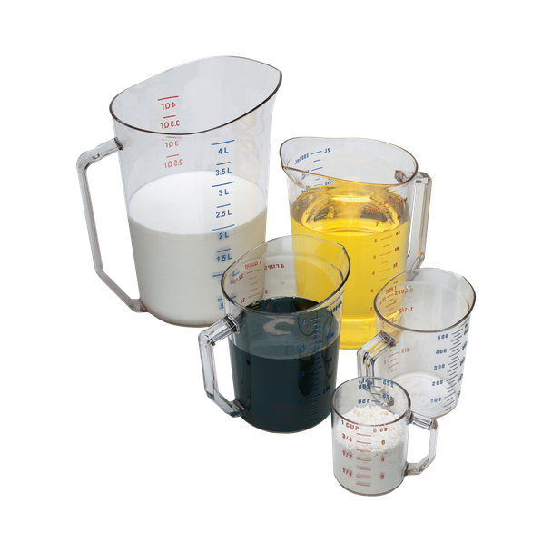 Cambro's Range of Measuring Jugs Pictured Together and Filled with Various Liquids