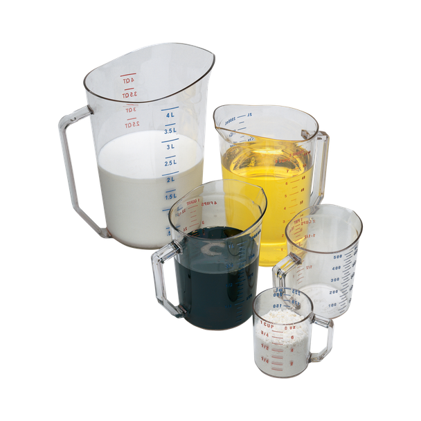Cambro's Range of Measuring Jugs Pictured Together and Filled with Various Liquids