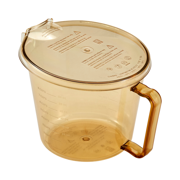 Cambro High Heat Splatter-Proof Cover Fitted to 1.9 Ltr High Heath Measuring Jug and Showing Handle Detail