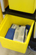 FG9T8400YEL - Rubbermaid Organising Box - 28 Ltr - Yellow - Installed in Cleaning Cart & Filled with Mop Pads
