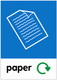 PCA4P - Large, A4 sticker with white outline of a paper document on blue background, featuring recycling logo and paper text