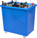 RB0111B - A tapered rectangular polyethylene truck that is blue in colour and features four swivel casters and is filled with empty glass bottles