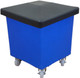 A tapered square polyethylene cube truck that is blue in colour, features four swivel casters and is fitted with optional black lid