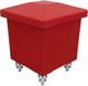 RB0003R - A tapered square polyethylene cube truck that is red in colour, features four swivel casters and is fitted with a red lid