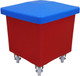 RB0003R - A tapered square polyethylene cube truck that is red in colour, features four swivel casters and is fitted with a blue lid