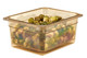 26HP150 - A half-size plastic high heat food pan with amber colouration containing brussels sprouts