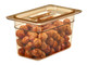 40HPCH150 - Lid with handle on 150mm deep gastronorm pan that is amber in colour and contains meatballs