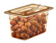 40HPCHN150 - Notched cover with handle on amber 150mm deep gastronorm pan that contains meatballs