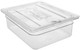 20CWCHN135 - Half sized Polycarbonate Notched Cover with Handle placed upon a 100% transparent polycarbonate GN 1/2 pan