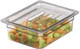 20CWCH135 - Transparent half sized polycarbonate cover placed on 100mm deep transparent gastronorm pan containing melon chunks