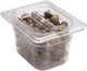 80CWCHN135 - Notched Cover with Handle place on 100mm deep transparent food pan containing olives