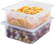 24PP190 - Two GN 1/2 polypropylene gastronorm food pans stacked up with one open and containing orange and one with a seal cover containing shallots