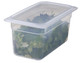 44PP190 - A quarter sized, translucent polypropylene gastronorm food pan containing spinach and fitted with a seal cover