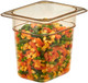 86HP150 - Cambro High Heat Gastronorm Food Pan 1/8 with amber colouration containing sliced vegetables, including carrot and parsnip