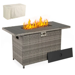 44.5 Inch Propane Fire Pit Table Rattan Gas 2-in-1 with Stainless Steel Burner-Gray - Color: Gray D681-NP12222GR