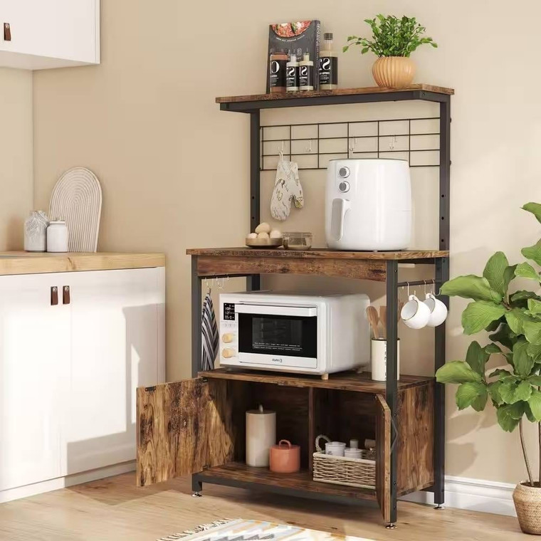 Industrial Kitchen Metal Wood Bakers Rack Microwave Cart with Storage Cabinet Q280-RBWTMBR1089527631