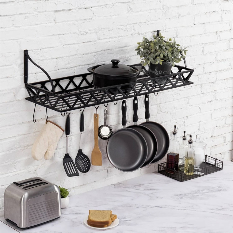Black Metal Rectangular Wall Mounted Kitchen Pot Rack with 12 Hanging Hooks Q280-MRWMPR539915742