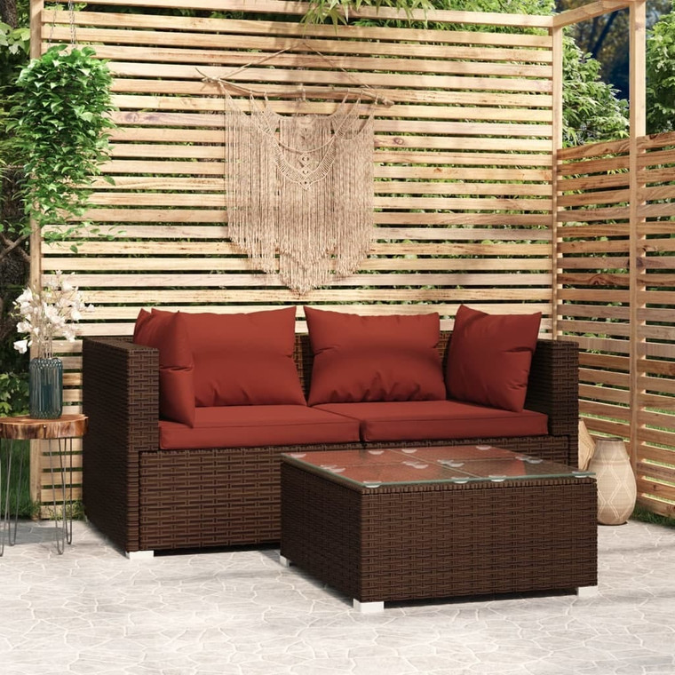  Patio Furniture Set 3 Piece with Cushions Brown Poly Rattan A949-317543