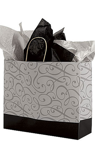 Large (Vogue) - Black and Silver Swirl Paper Shopping Bags - Case of 100zoom