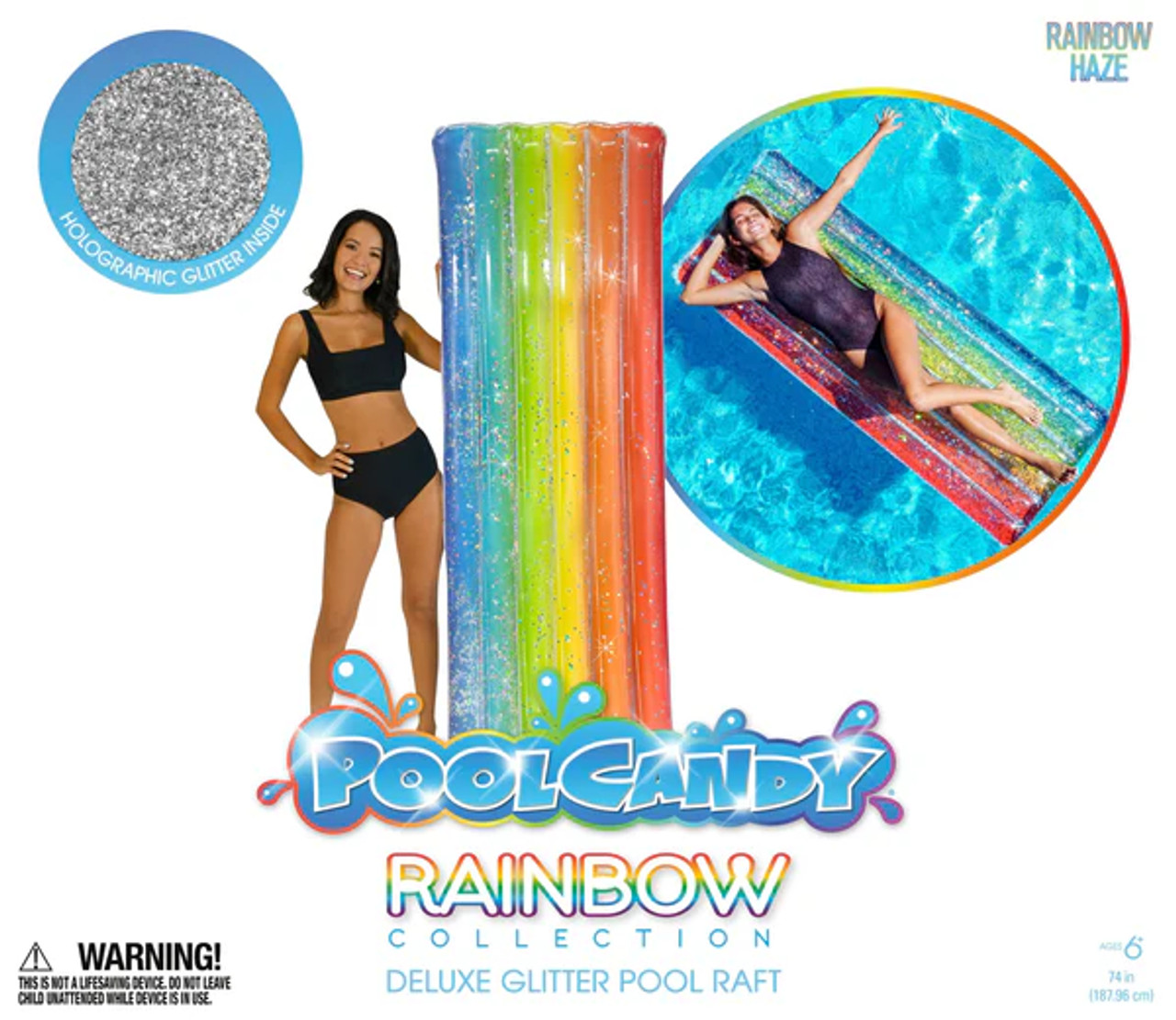 PoolCandy Glitter Collection Rainbow Ombre Deluxe Pool Raft - 74in