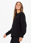 THE UPSIDE women's black Saturn Arrow Sweater is an organic cotton fleece jumper with a relaxed, oversized fit. It features a soft rib at the neckline, handcuffs and cuffs.