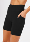 THE UPSIDE women's black Peached 6inch Pocket Spin Short is made from a breathable, moisture-wicking fabric with a brushed handfeel. The mid-rise short features 2 side pockets and a soft, supportive fit.