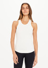 THE UPSIDE women’s white Frankie Rib Tank made with organic cotton elastane rib fabric features a racer back and scooped hems; ideal for yoga, pilates or barre.
