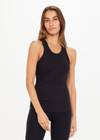 THE UPSIDE women's black Frankie Rib Tank is made from organic cotton elastane rib. This racer-back tank features a scooped hem at front and back and are designed for a regular fit.